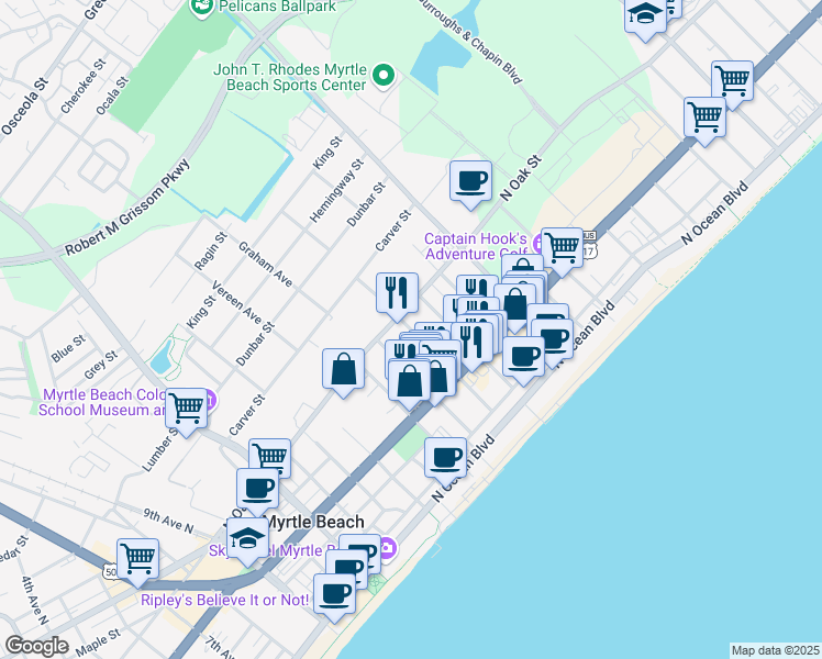 map of restaurants, bars, coffee shops, grocery stores, and more near 608 18th Avenue North in Myrtle Beach
