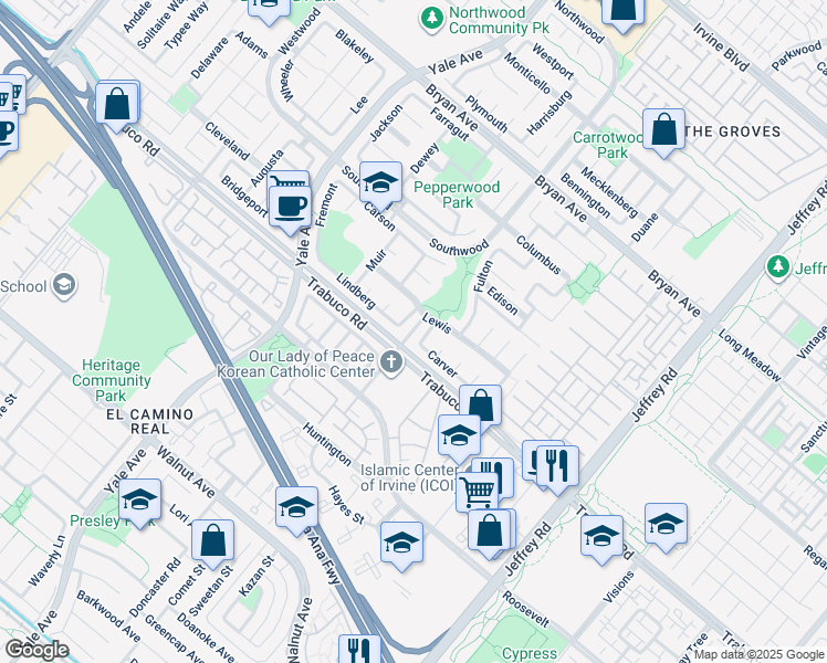 map of restaurants, bars, coffee shops, grocery stores, and more near 115 Remington in Irvine