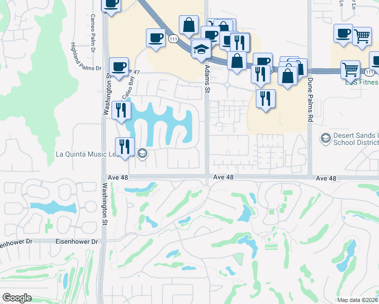 map of restaurants, bars, coffee shops, grocery stores, and more near 78960 Vía Florence in La Quinta