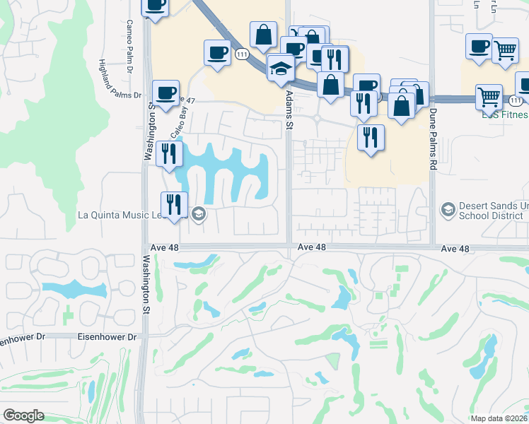 map of restaurants, bars, coffee shops, grocery stores, and more near 78955 Vía Florence in La Quinta