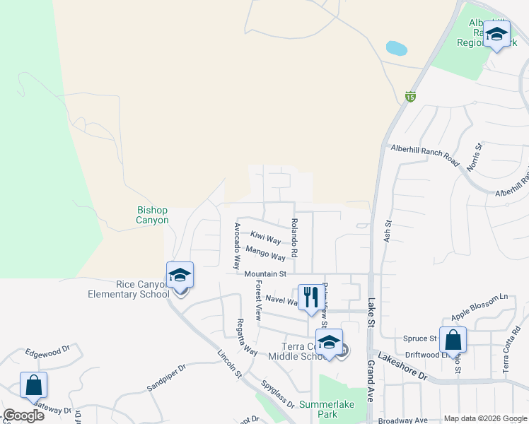 map of restaurants, bars, coffee shops, grocery stores, and more near 29013 Coconut Way in Lake Elsinore