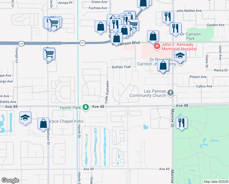 map of restaurants, bars, coffee shops, grocery stores, and more near 47750 Prado Way in Indio
