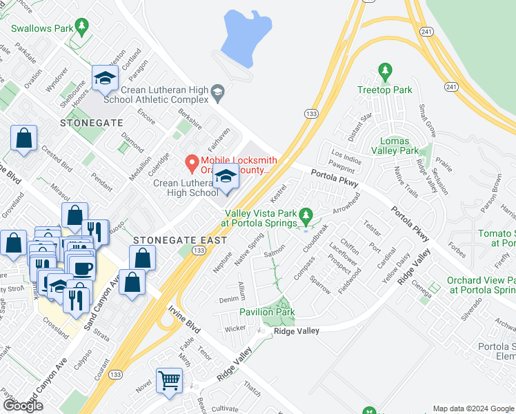 map of restaurants, bars, coffee shops, grocery stores, and more near 86-104 Capricorn in Irvine