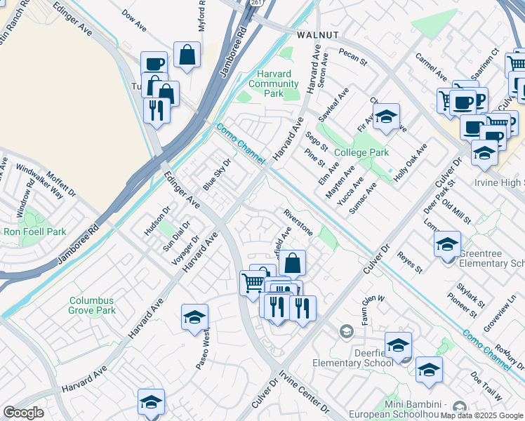 map of restaurants, bars, coffee shops, grocery stores, and more near 56 Riverstone in Irvine