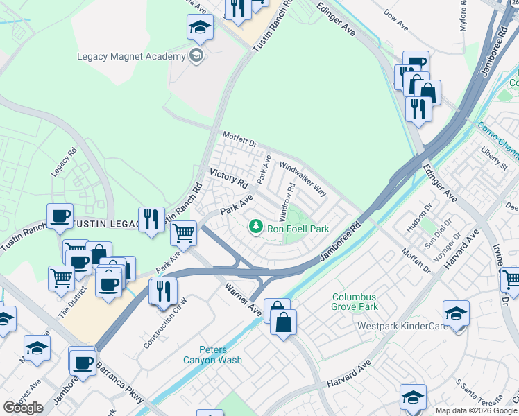 map of restaurants, bars, coffee shops, grocery stores, and more near 15 Victory Road in Tustin