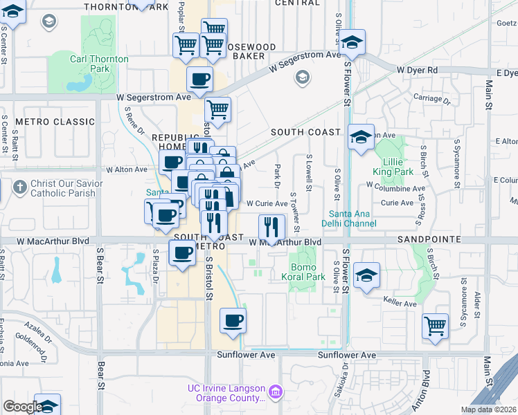 map of restaurants, bars, coffee shops, grocery stores, and more near 1117 West Curie Avenue in Santa Ana