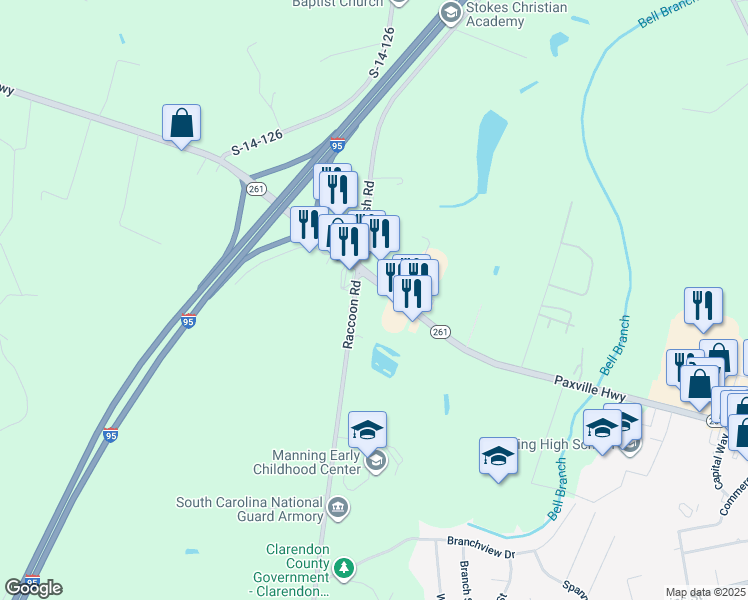 map of restaurants, bars, coffee shops, grocery stores, and more near 2284 Raccoon Road in Manning
