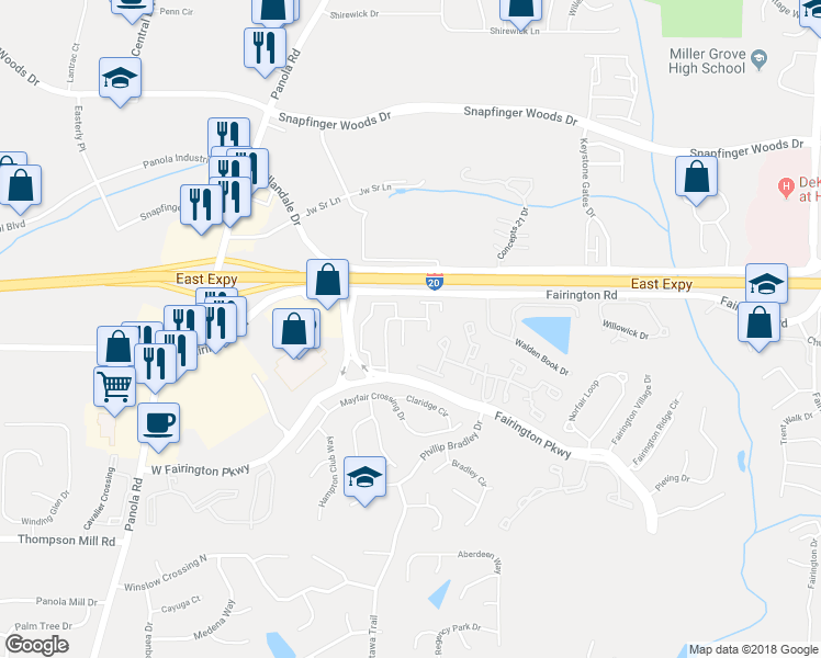 map of restaurants, bars, coffee shops, grocery stores, and more near 50 Le Parc Fontaine in Stonecrest