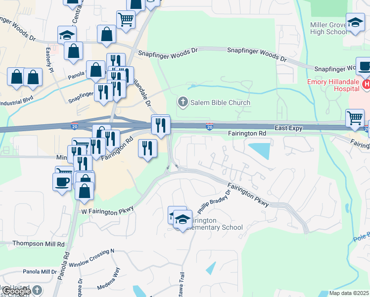 map of restaurants, bars, coffee shops, grocery stores, and more near 21 Rue Fontaine in Stonecrest