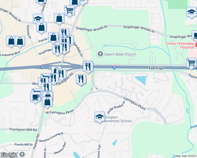 map of restaurants, bars, coffee shops, grocery stores, and more near 21 Rue Fontaine in Stonecrest