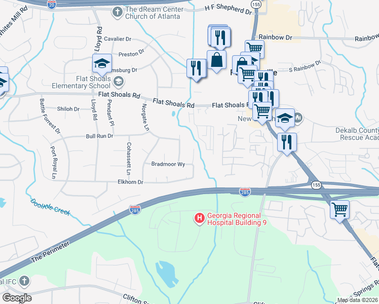 map of restaurants, bars, coffee shops, grocery stores, and more near 2834 Elkhorn Drive in Decatur