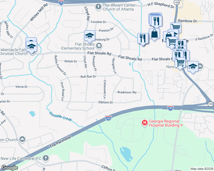 map of restaurants, bars, coffee shops, grocery stores, and more near 2888 Cohassett Lane in Decatur