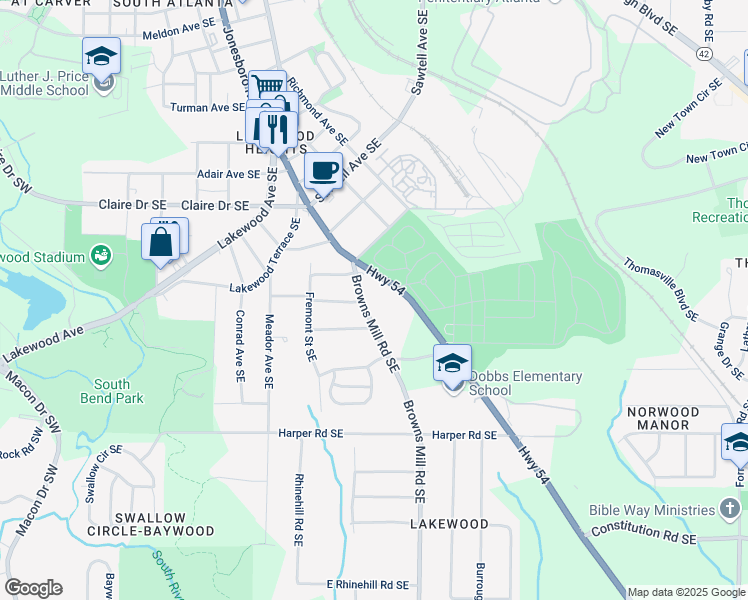 map of restaurants, bars, coffee shops, grocery stores, and more near 1924 Browns Mill Road Southeast in Atlanta