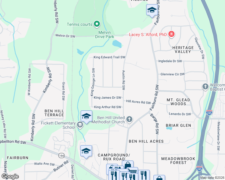 map of restaurants, bars, coffee shops, grocery stores, and more near 3808 King Henry Road Southwest in Atlanta