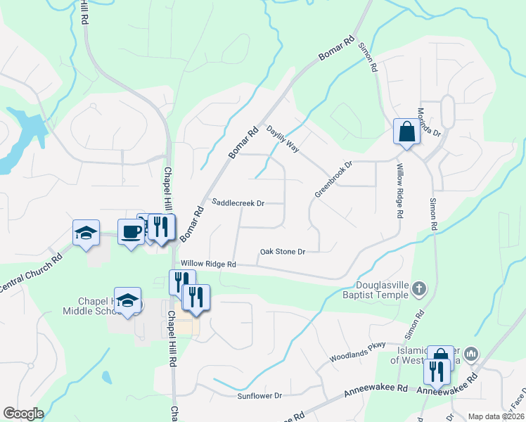 map of restaurants, bars, coffee shops, grocery stores, and more near 3877 Saddlecreek Road in Douglasville