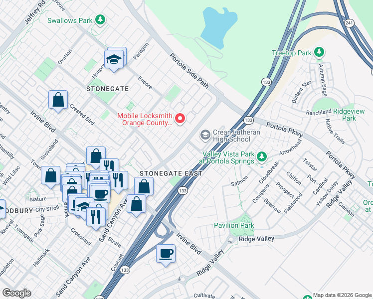 map of restaurants, bars, coffee shops, grocery stores, and more near 24 Wheatberry in Irvine