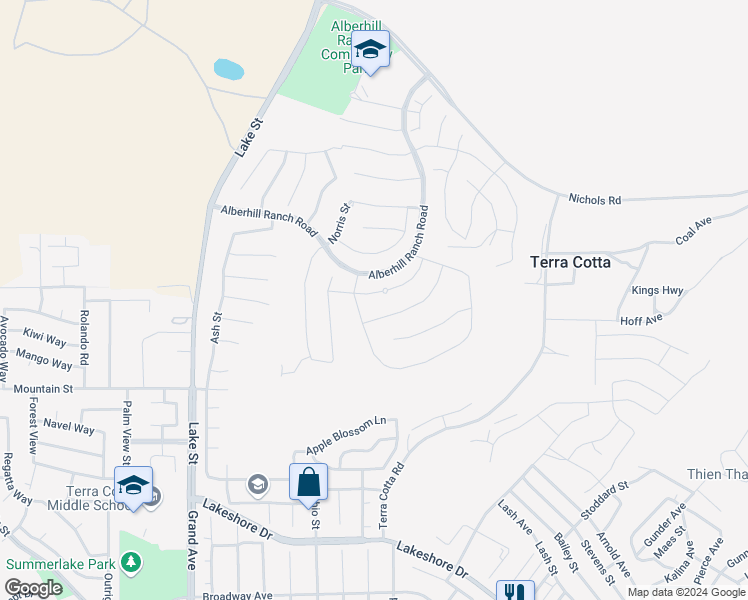 map of restaurants, bars, coffee shops, grocery stores, and more near 4172 Larchwood Lane in Lake Elsinore