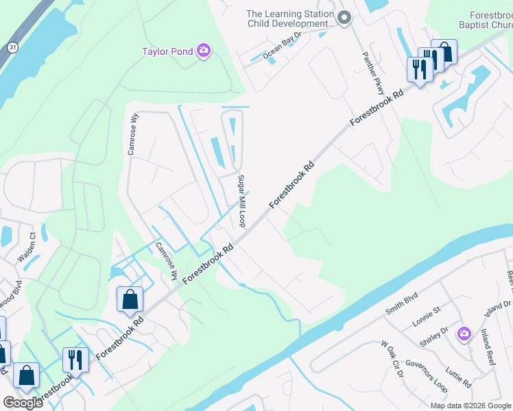 map of restaurants, bars, coffee shops, grocery stores, and more near 3016 Forestbrook Road in Myrtle Beach