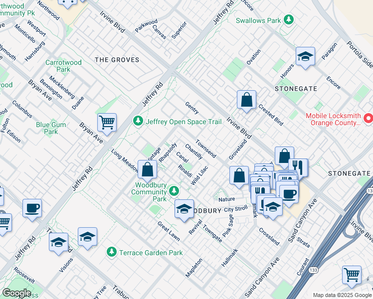 map of restaurants, bars, coffee shops, grocery stores, and more near 70 Chantilly in Irvine
