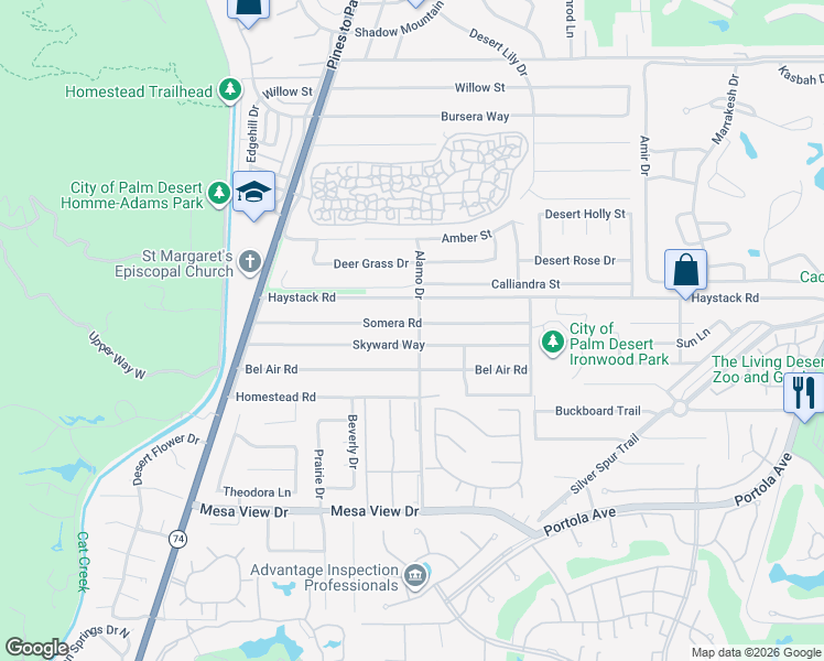map of restaurants, bars, coffee shops, grocery stores, and more near 73010 Somera Road in Palm Desert