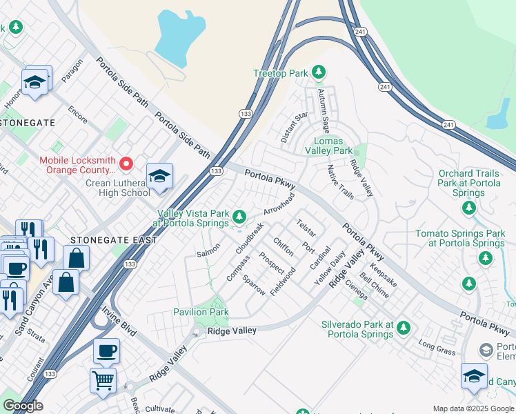 map of restaurants, bars, coffee shops, grocery stores, and more near 74 Visionary in Irvine