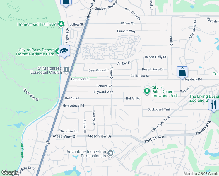 map of restaurants, bars, coffee shops, grocery stores, and more near 72985 Somera Road in Palm Desert