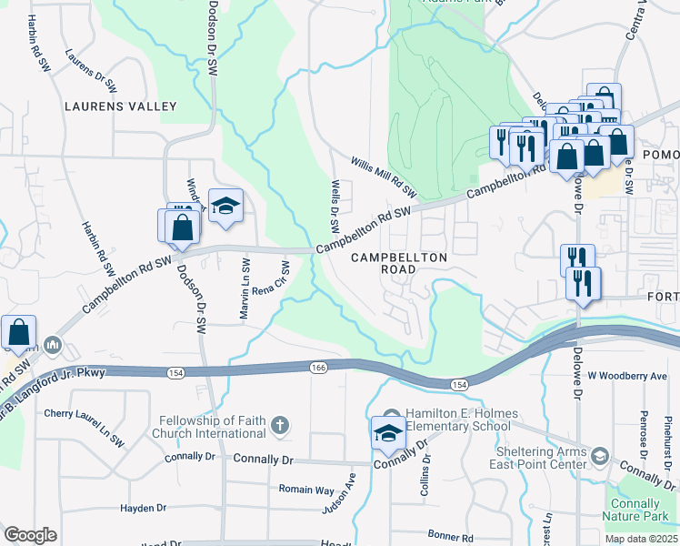 map of restaurants, bars, coffee shops, grocery stores, and more near 1970 Wells Drive Southwest in Atlanta