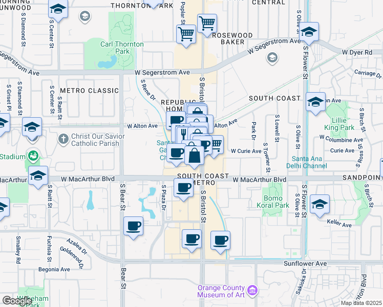 map of restaurants, bars, coffee shops, grocery stores, and more near 3380 South Bristol Street in Santa Ana