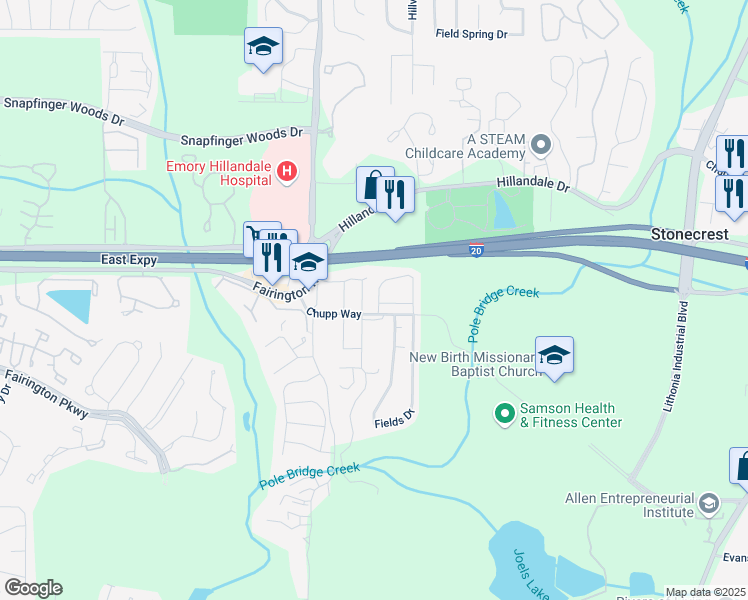 map of restaurants, bars, coffee shops, grocery stores, and more near 5084 Chupp Way Circle in Stonecrest