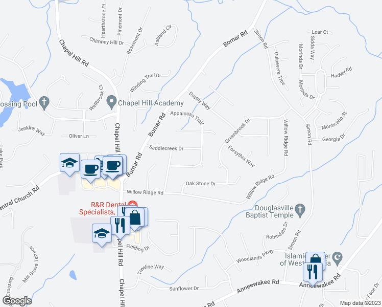 map of restaurants, bars, coffee shops, grocery stores, and more near 3873 Saddlecreek Drive in Douglasville