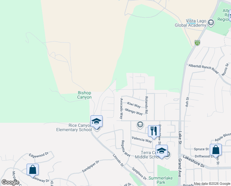 map of restaurants, bars, coffee shops, grocery stores, and more near 29100 Oak Grove Way in Lake Elsinore