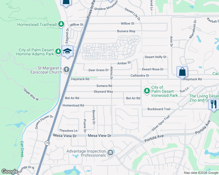 map of restaurants, bars, coffee shops, grocery stores, and more near 73010 Somera Road in Palm Desert
