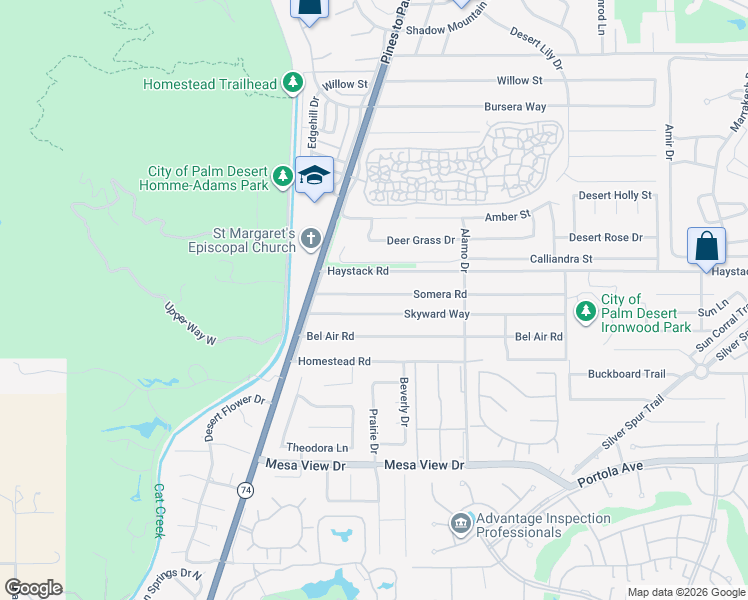 map of restaurants, bars, coffee shops, grocery stores, and more near 72755 Somera Road in Palm Desert