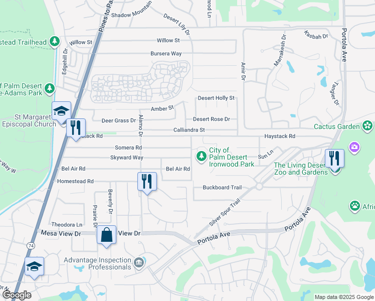 map of restaurants, bars, coffee shops, grocery stores, and more near 73237 Somera Road in Palm Desert