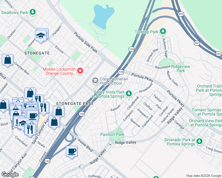 map of restaurants, bars, coffee shops, grocery stores, and more near 89 Kestrel in Irvine