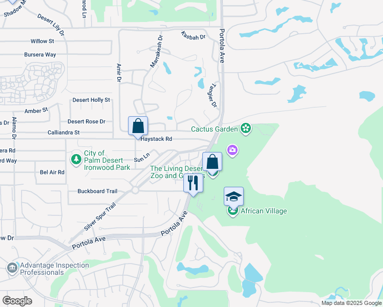 map of restaurants, bars, coffee shops, grocery stores, and more near 47550 Silver Spur Trail in Palm Desert