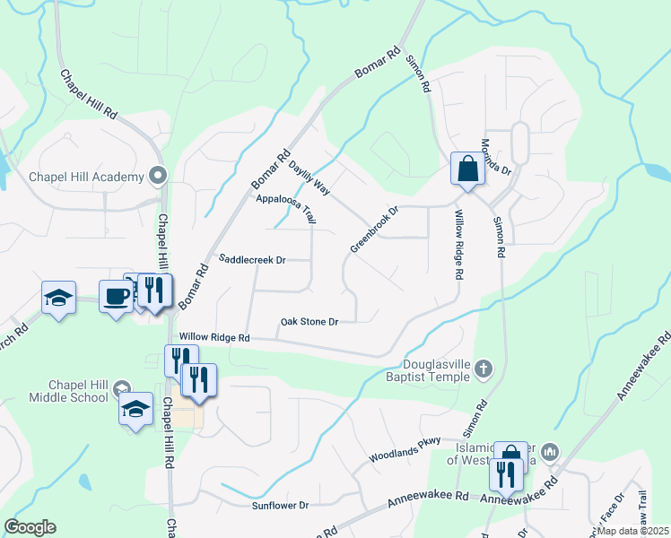 map of restaurants, bars, coffee shops, grocery stores, and more near 3841 Greenbrook Drive in Douglasville
