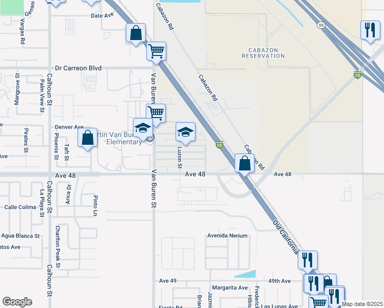 map of restaurants, bars, coffee shops, grocery stores, and more near 84165 Corregidor Avenue in Indio