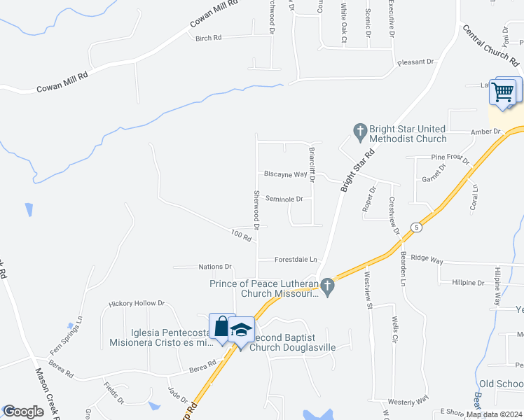 map of restaurants, bars, coffee shops, grocery stores, and more near 3827 Sherwood Drive in Douglasville