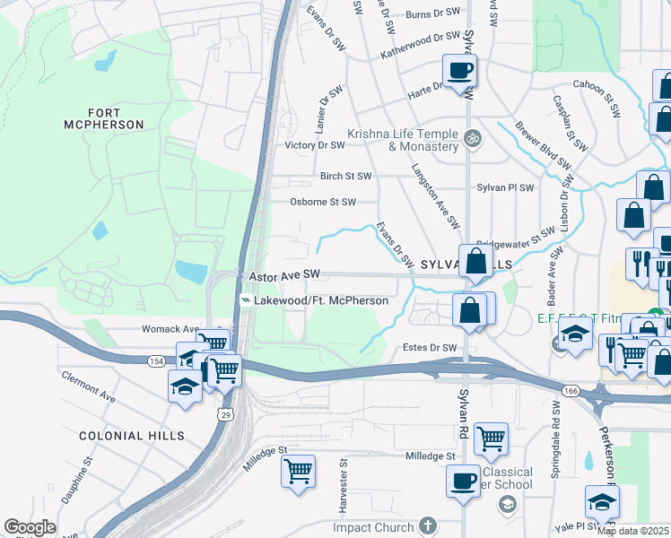 map of restaurants, bars, coffee shops, grocery stores, and more near 1097 Astor Avenue Southwest in Atlanta