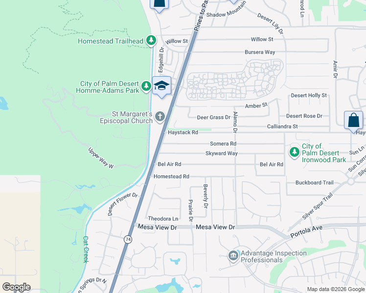 map of restaurants, bars, coffee shops, grocery stores, and more near 72755 Somera Road in Palm Desert