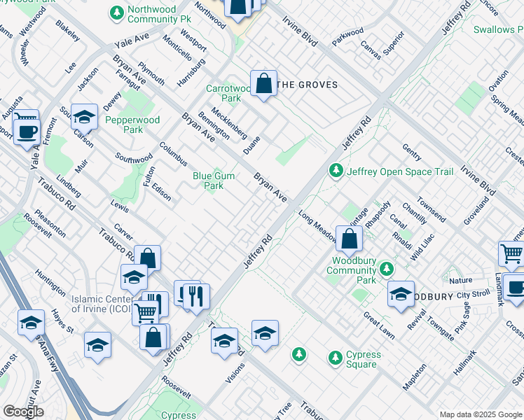 map of restaurants, bars, coffee shops, grocery stores, and more near 42 Blossom in Irvine