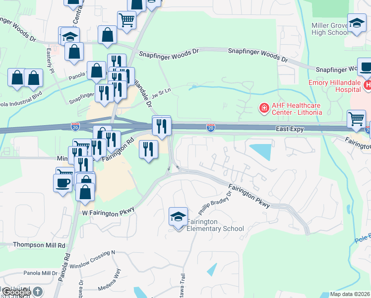 map of restaurants, bars, coffee shops, grocery stores, and more near 21 Rue Fontaine in Stonecrest