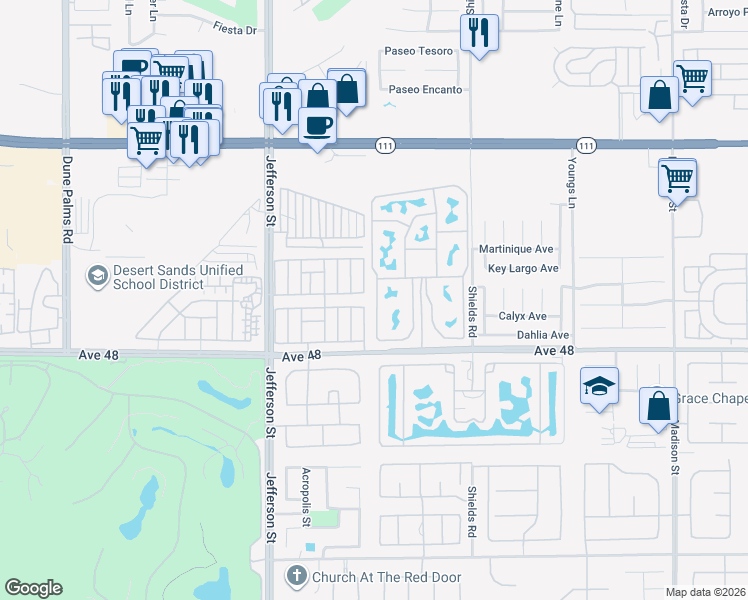 map of restaurants, bars, coffee shops, grocery stores, and more near 80394 Avenue 48 in Indio