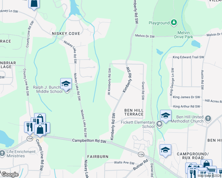 map of restaurants, bars, coffee shops, grocery stores, and more near 1960 West Kimberly Road Southwest in Atlanta
