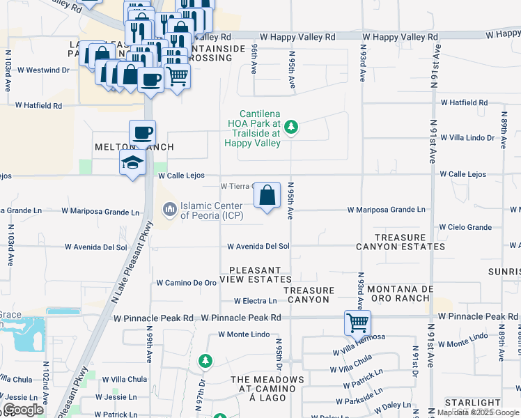 map of restaurants, bars, coffee shops, grocery stores, and more near 9601 West Mariposa Grande Lane in Peoria