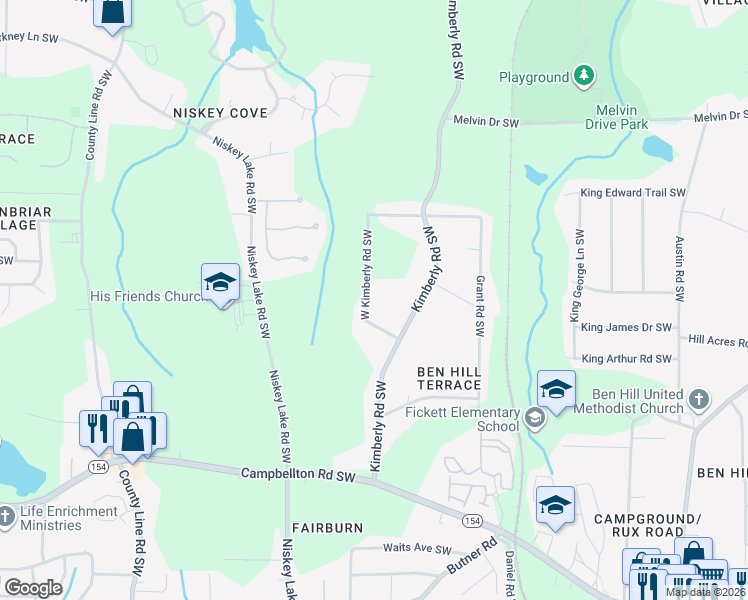 map of restaurants, bars, coffee shops, grocery stores, and more near 1960 West Kimberly Road Southwest in Atlanta