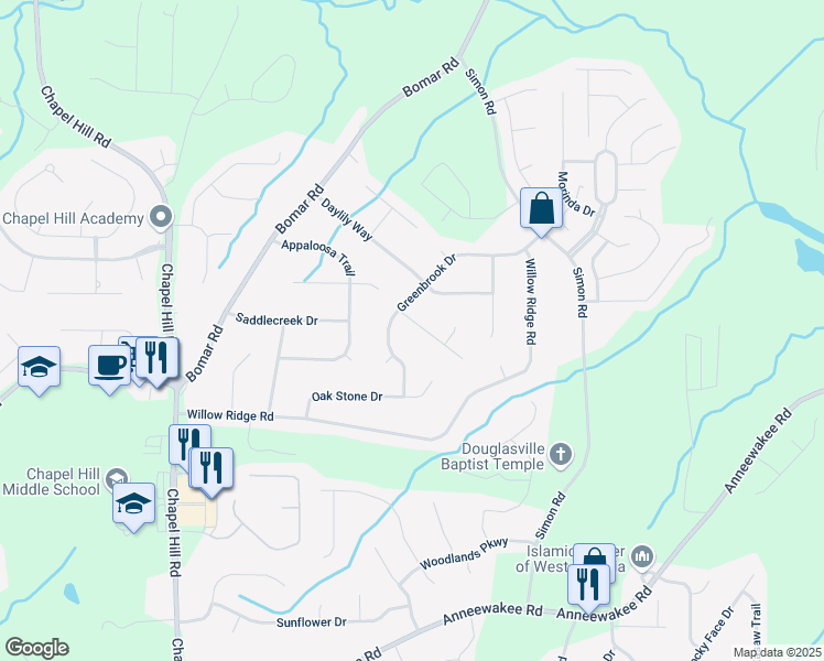 map of restaurants, bars, coffee shops, grocery stores, and more near 3795 Forsythia Way in Douglasville