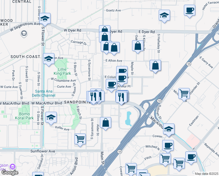 map of restaurants, bars, coffee shops, grocery stores, and more near 3411 South Main Street in Santa Ana