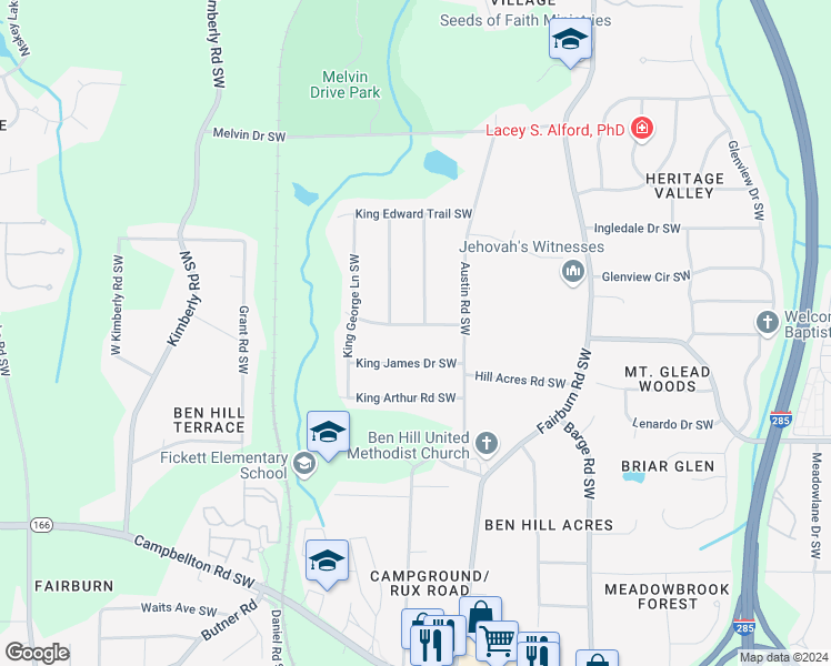 map of restaurants, bars, coffee shops, grocery stores, and more near 3808 King Henry Road Southwest in Atlanta